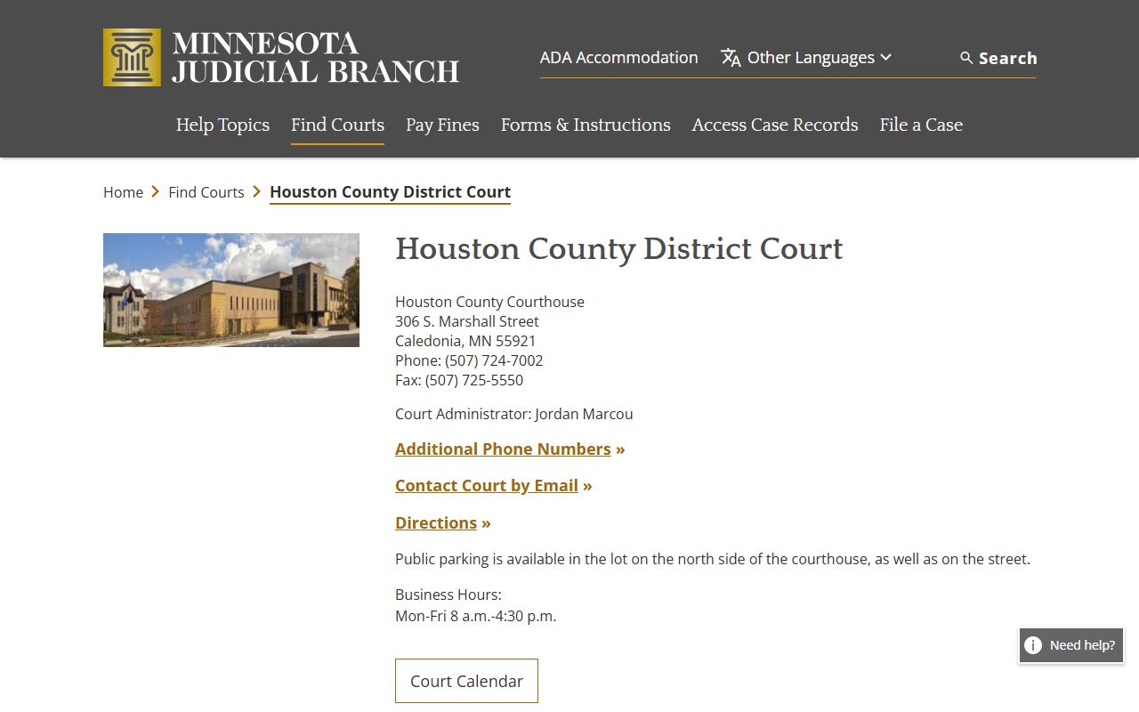 Houston County District Court calendar and records page after jail arrest