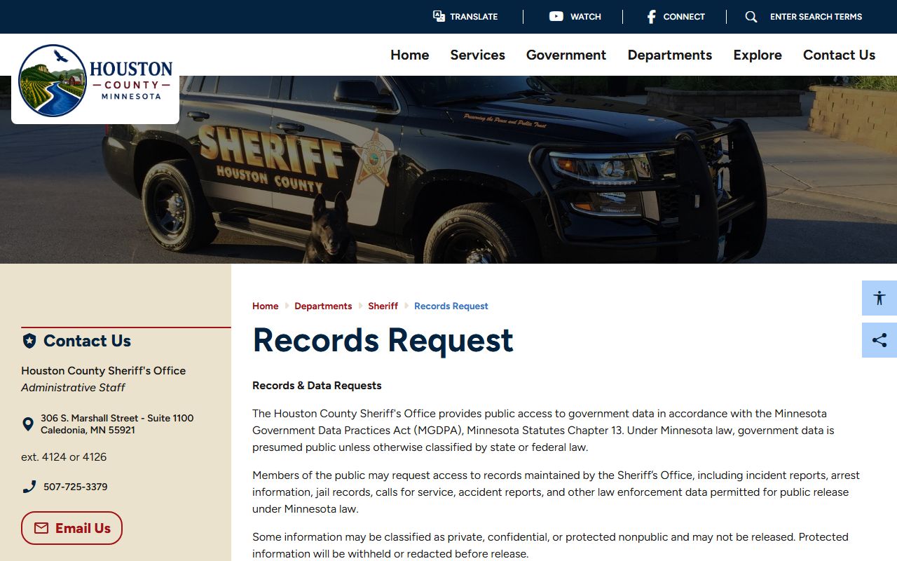 Houston County jail records request page for inmate and arrest information